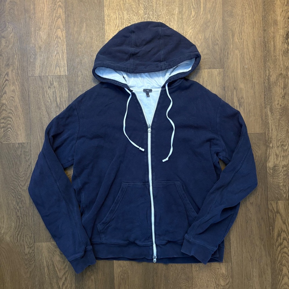 Vince Mens Navy Dual Zipper Full Zip Ribbed Navy All Cotton Hooded Sweatshirt